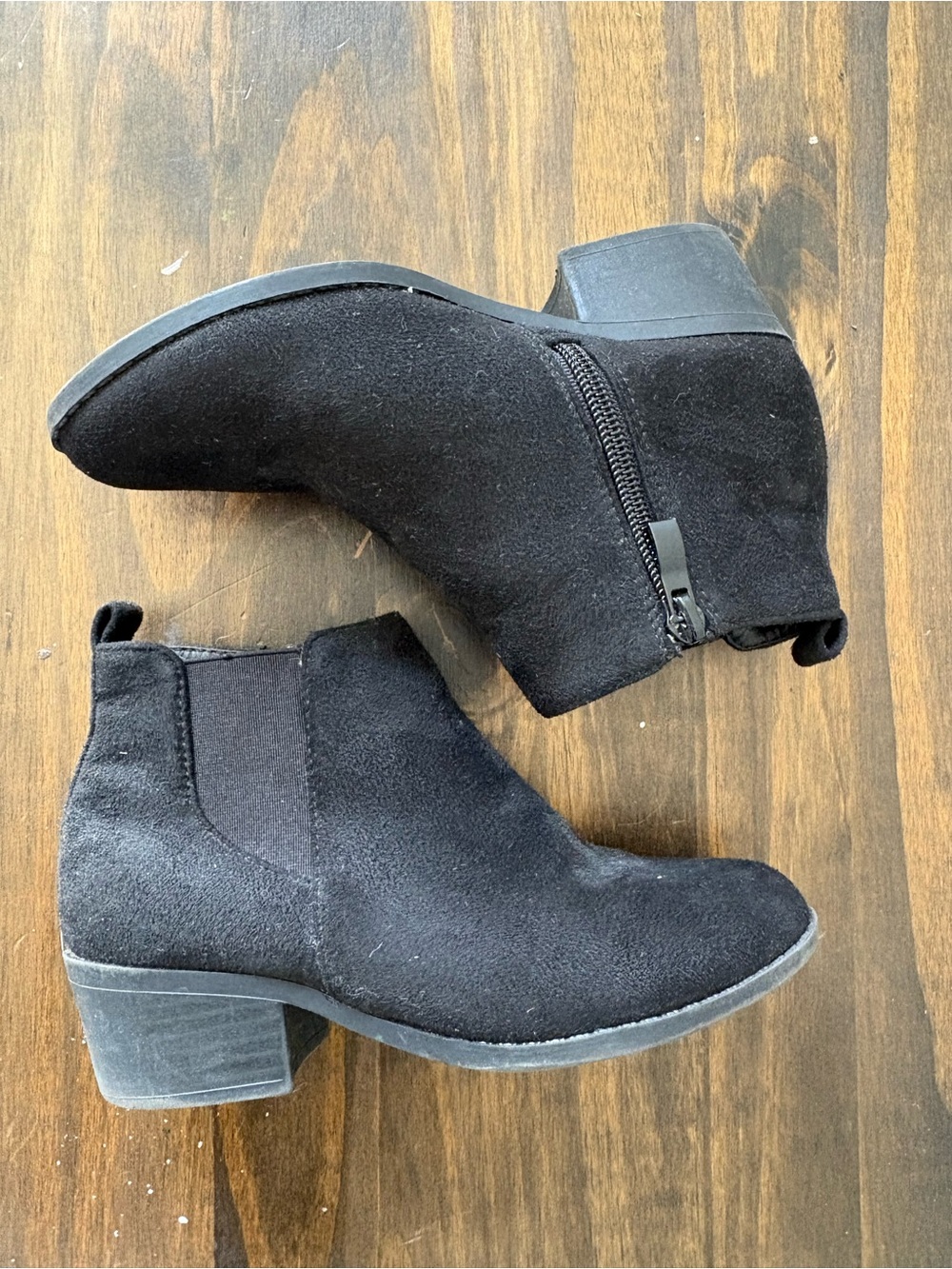 Kids Black Suede Chelsea Booties with Low Block Heel